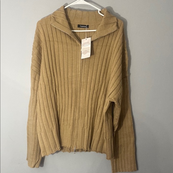 Fashion Tan Ribbed Zip-Up Sweater Size XXL - Picture 1 of 8